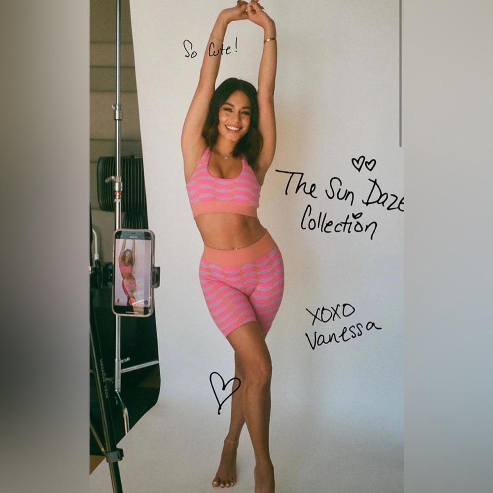 Fabletics x Vanessa Hudgens Pink Rave Geo Multi Seamless bra and shorts set
